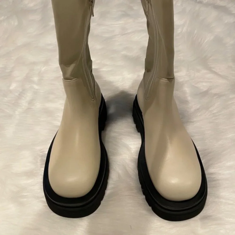 NEW Bottega Veneta The Lug Over the Knee Boots in Wax Ivory Cream Black EU 38